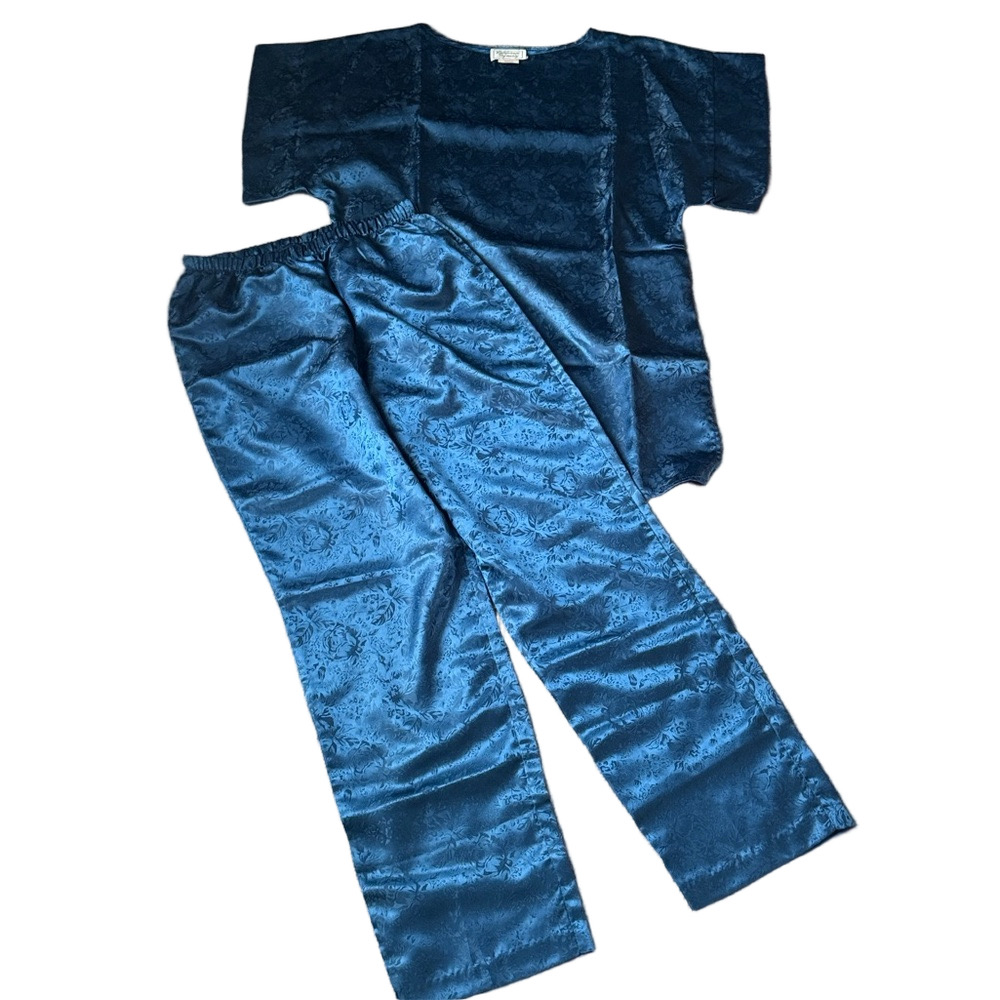 California Dynasty Teal Jacquard Floral Satin Pajama Set SIZE M